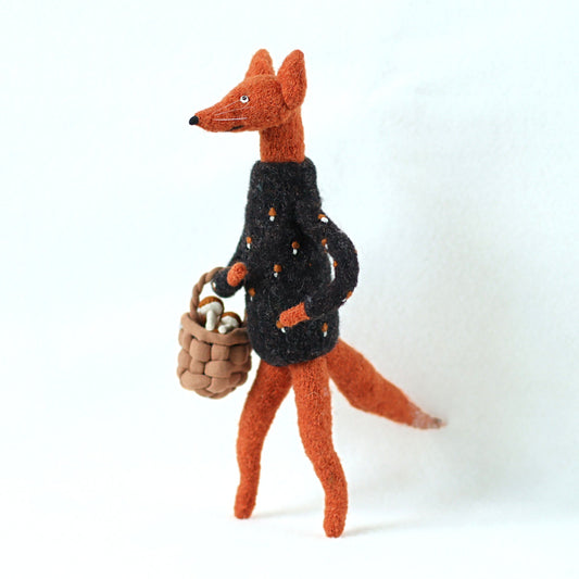 Woodland Fox with Mushroom Basket – Hand-Sewn Soft Sculpture